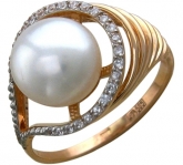 Кольцо с жемчужиной и фианитами из красного золота 585 пробы