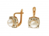 Серьги с жемчугом и фианитами из комбинированного золота 585 пробы