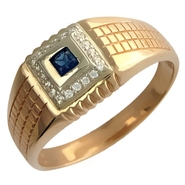 Печатка с синтетическим гранатом и фианитами из комбинированного золота 585 пробы