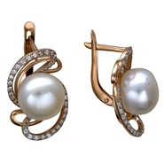 Серьги с жемчугом и фианитами из красного золота 585 пробы