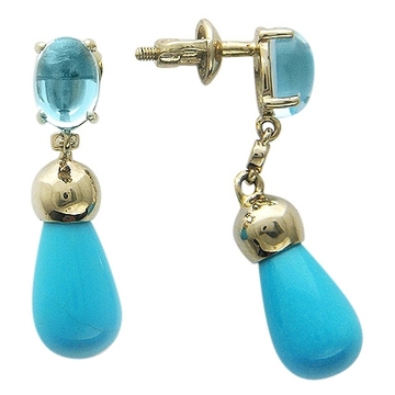 Серьги с 2 бирюзой весом 7.69 карата, 2 топазами весом 2.51 карат, 2 фианитами весом 0.05 карата из белого золота 585 пробы